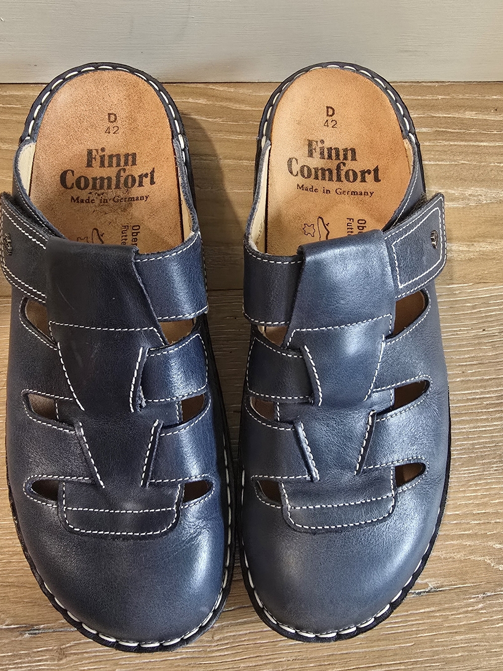 NWOT Finn Comfort Java Leather Clogs Ozean Blue Euro 42 US 11.5-12